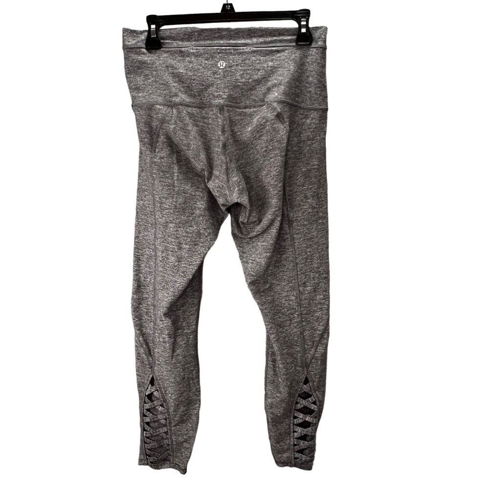 Lululemon Pure Practice Pant size 10 Heathered Slate Gray Leggings Lattice Trim